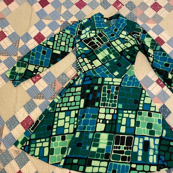 Vintage 60s 70s Fit Flare Mod Dagger Collar Psychedelic Mod Gogo Mini Dress - Picture 10 of 15